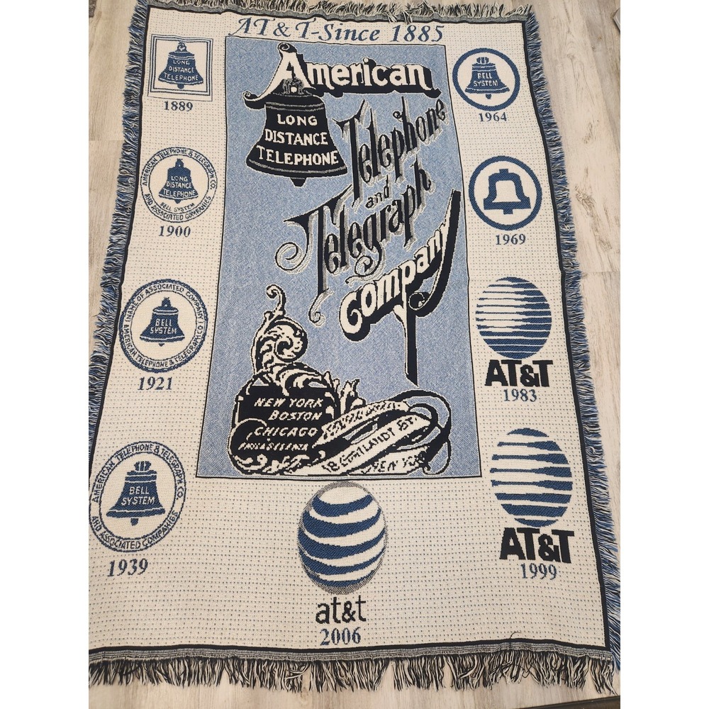 Vintage Tapestry Throw Blanket AT&T Telephone Phone Timeline Blue Cream 70x47" - Picture 2 of 8